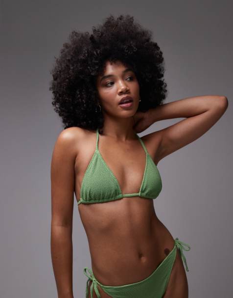 & Other Stories textured crinkle triangle bikini top with removeable padding in green - view 1