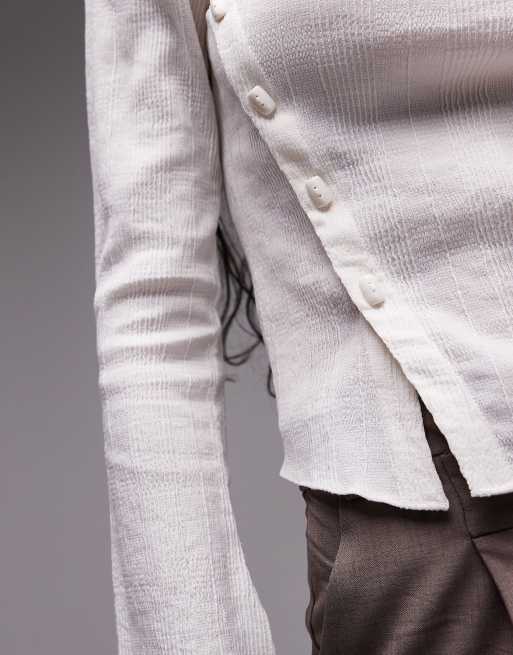 & Other Stories textured sheer long sleeve blouse with asymmetric button front in white