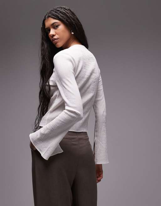 & Other Stories textured sheer long sleeve blouse with asymmetric button front in white
