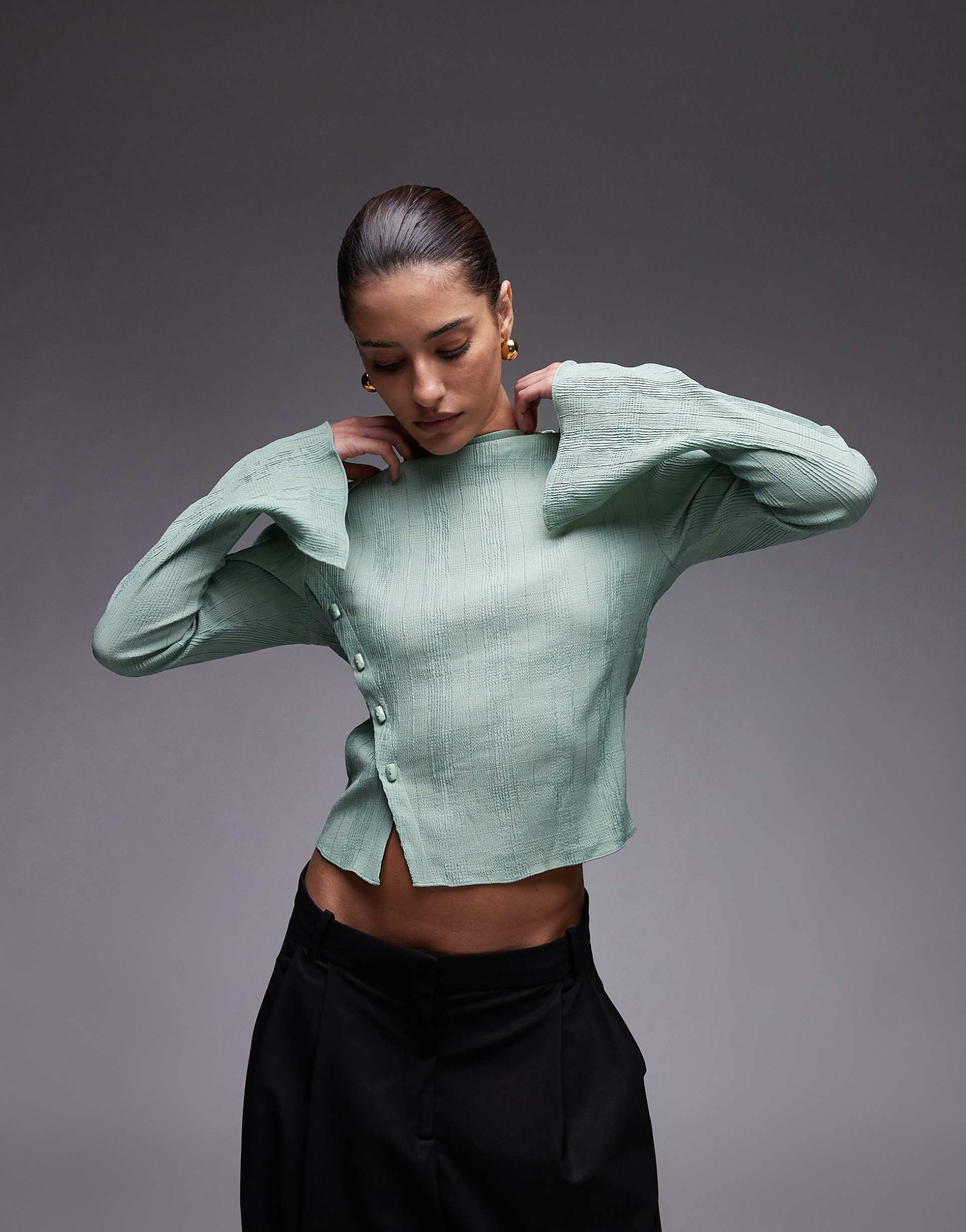 & other stories textured sheer long sleeve top with asymmetric button front in green