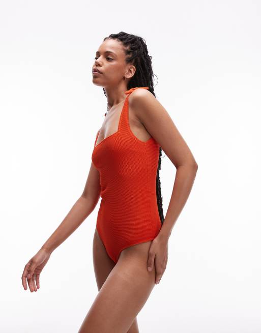 & Other Stories textured swimsuit with knot detail in deep orange