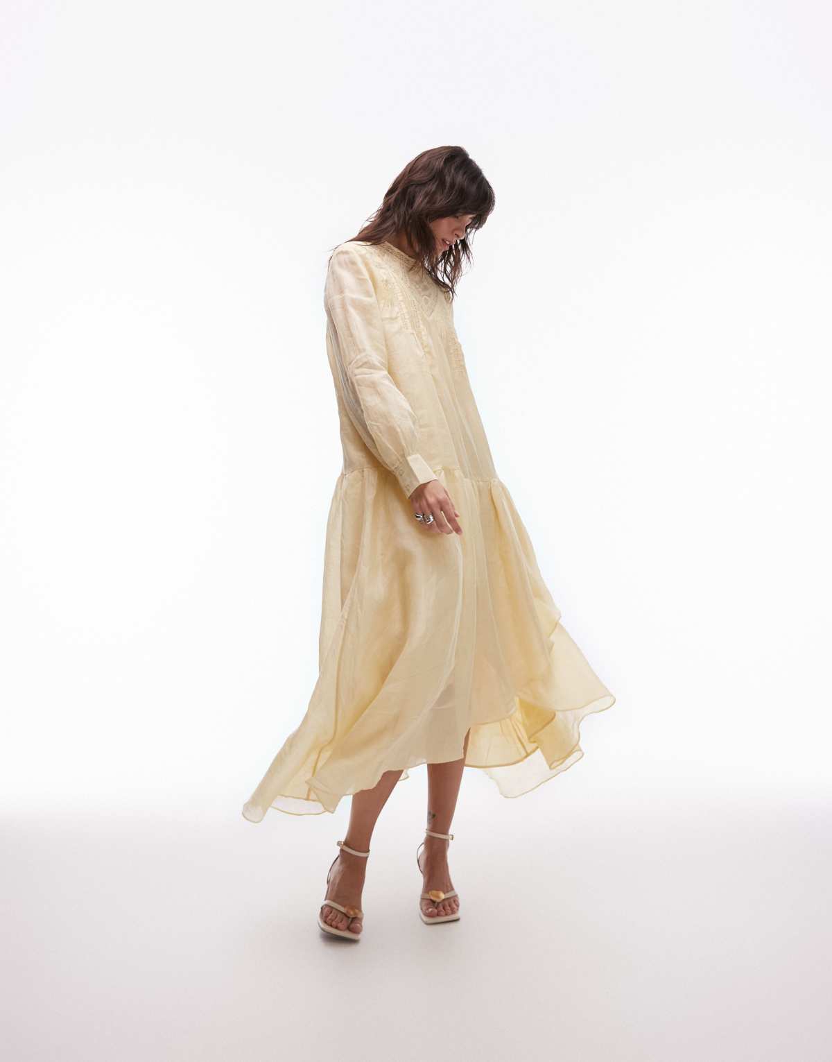 & Other Stories  textured  volume maxi dress with lace detail and tiered ruffles in beige