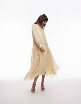 & Other Stories & Other Stories textured volume maxi dress with lace detail and tiered ruffles in butter yellow-Neutral