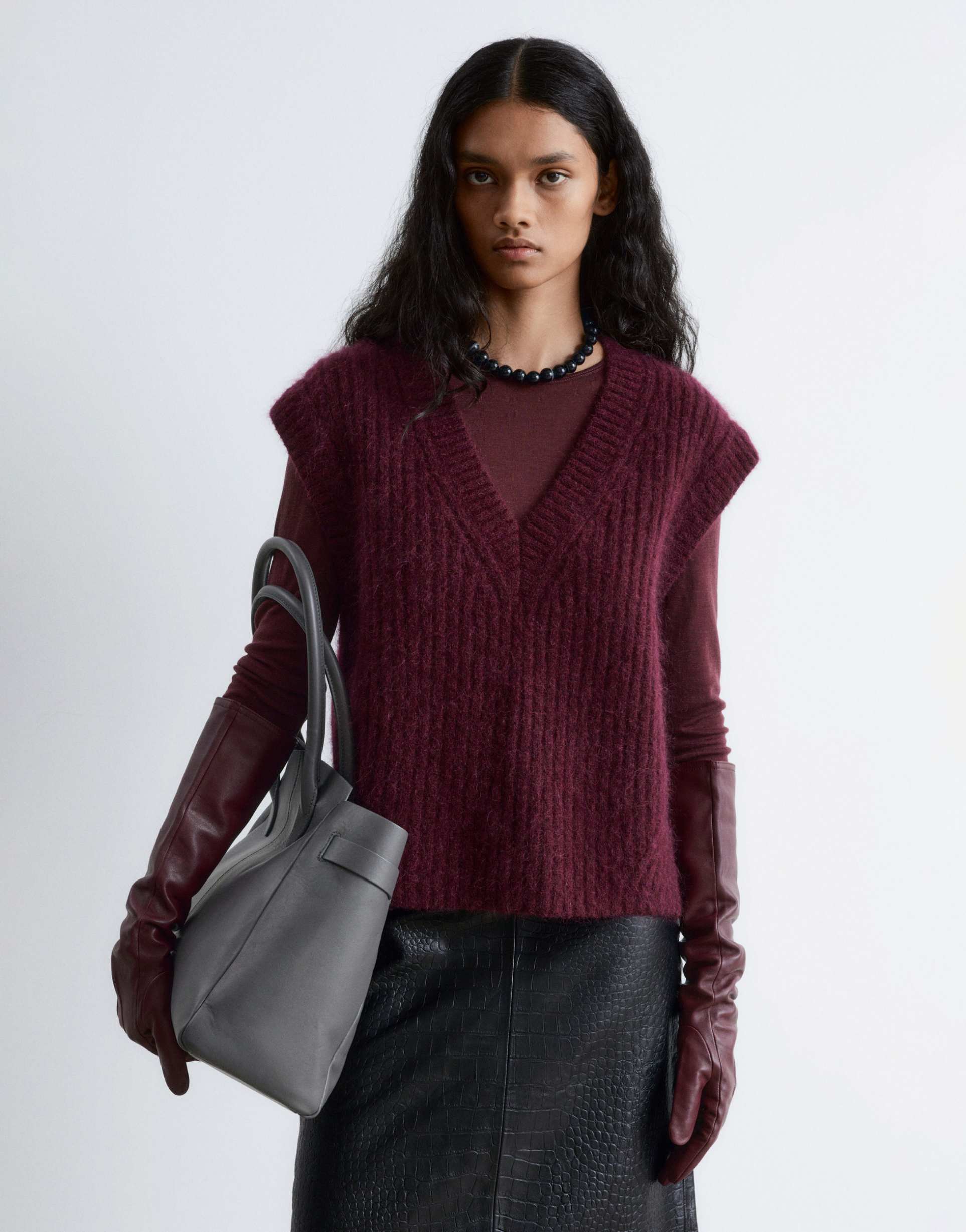 & other stories thread mohair knit v neck vest in burgundy