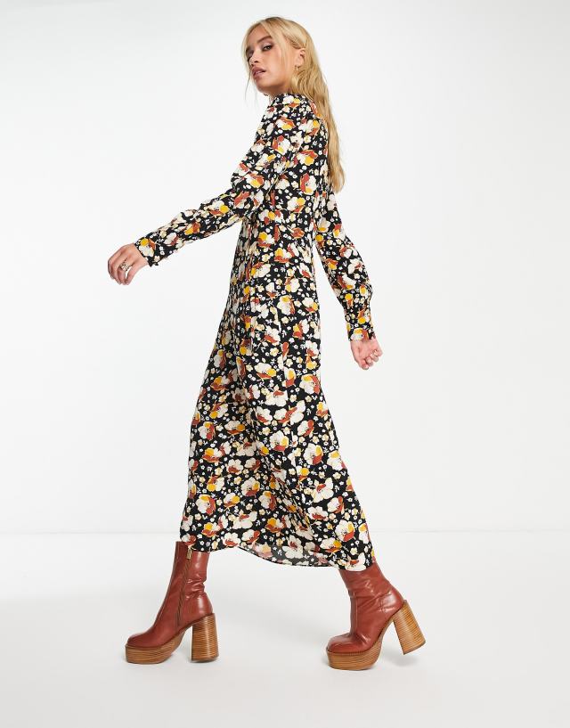 & Other Stories - tie detail midi dress in brown floral print