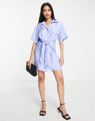 Other Stories &  Tie Front Blend Mini Shirt Dress In Light Blue - Lblue