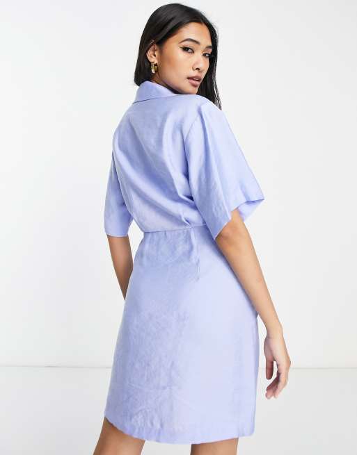  Other Stories tie front blend mini shirt dress in light blue - LBLUE