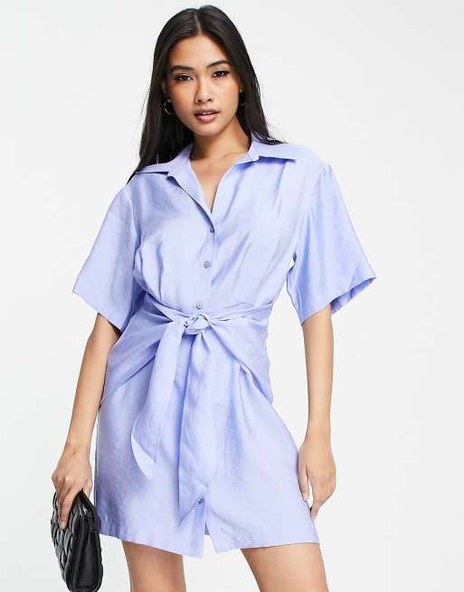 & Other Stories tie front blend mini shirt dress in light blue