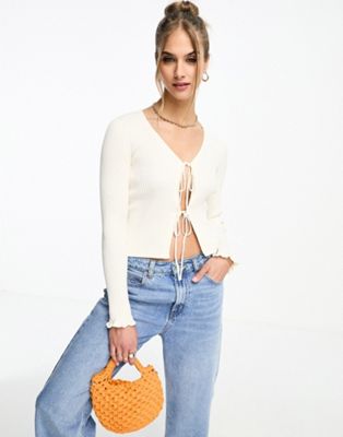 Other Stories &  Tie Front Frill Sleeve Cardigan In Off White