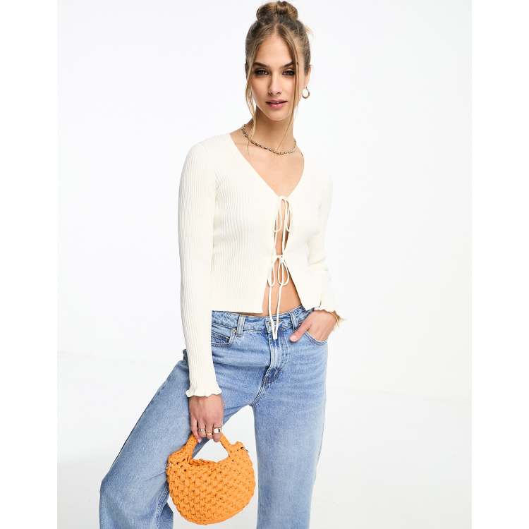 & Other Stories tie front frill sleeve cardigan in off white