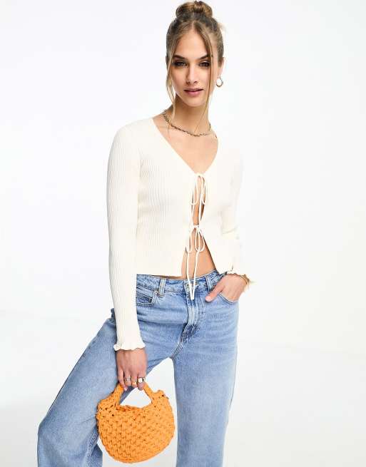 & Other Stories tie front frill sleeve cardigan in off white