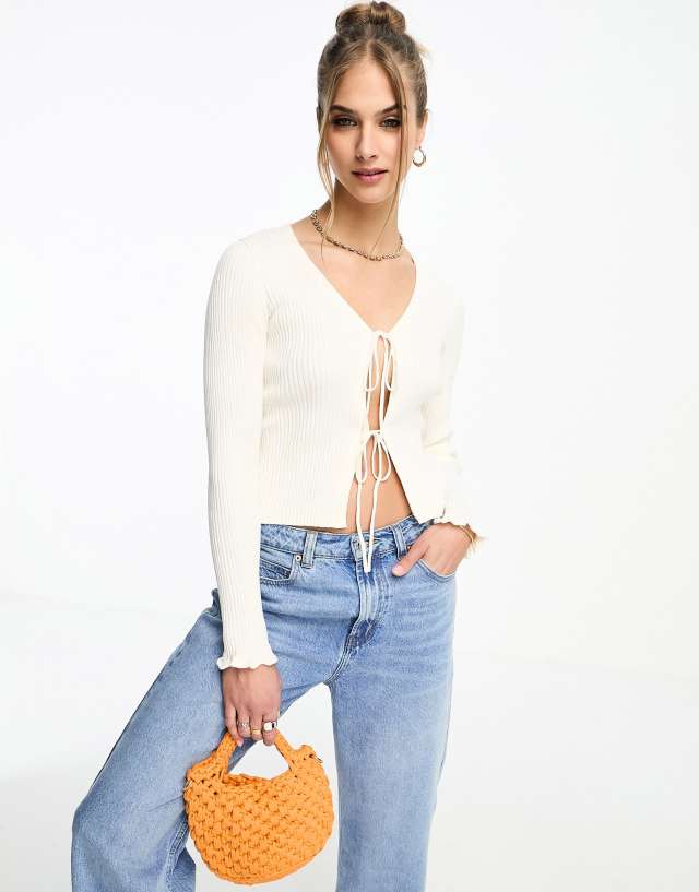 & Other Stories - tie front frill sleeve cardigan in off white