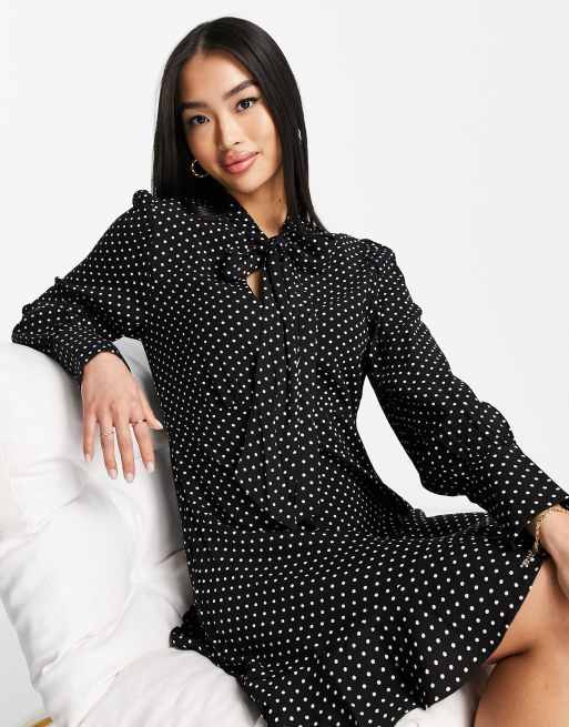 & Other Stories tie neck mini dress in black spot print | ASOS