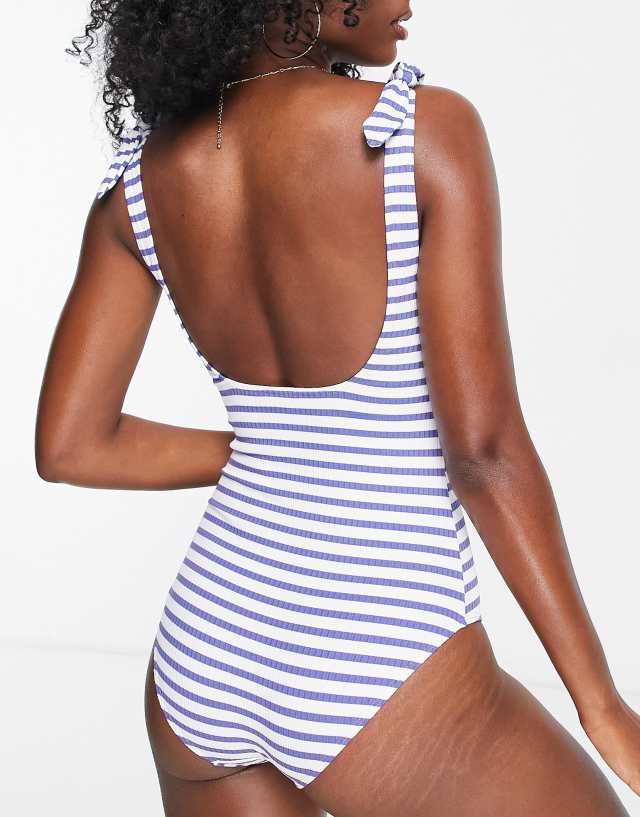 & Other Stories - tie shoulder swimsuit in blue stripe