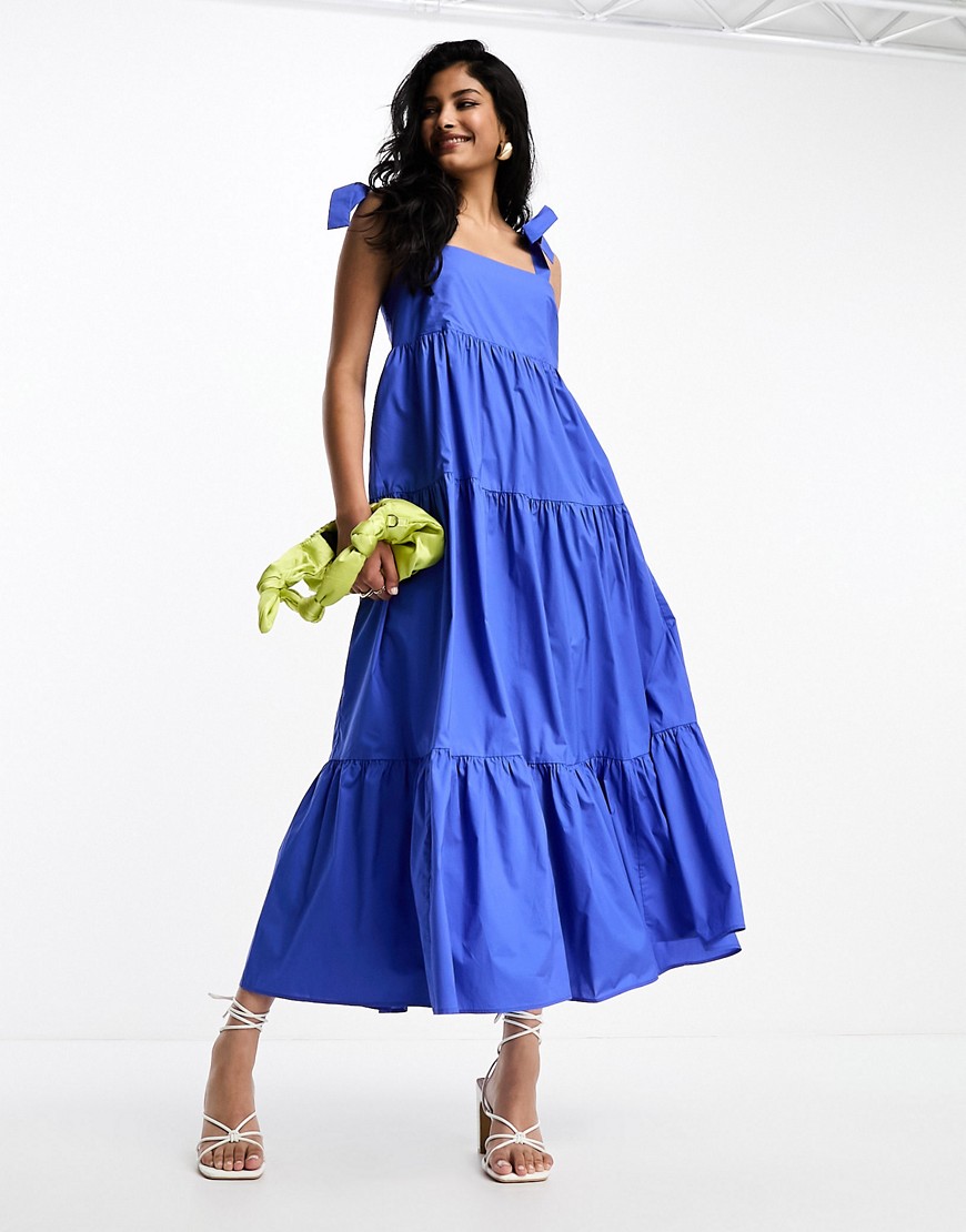 & Other Stories tie shoulder tiered maxi dress in blue