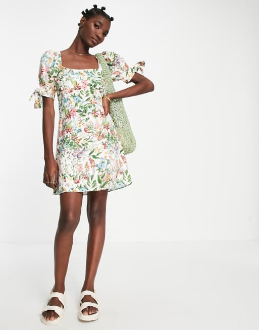 Other Stories tie sleeve mini dress in botanical floral print ASOS