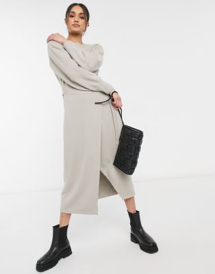 & Other Stories tie waist puff sleeve knitted midi dress in beige-Neutral