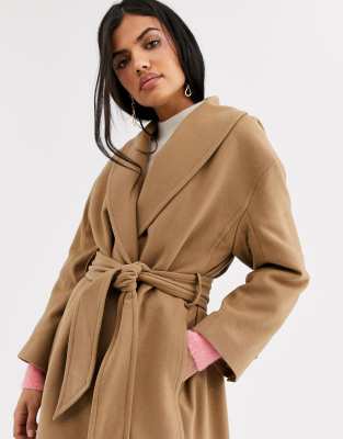 Other Stories tie waist wool coat in camel ASOS