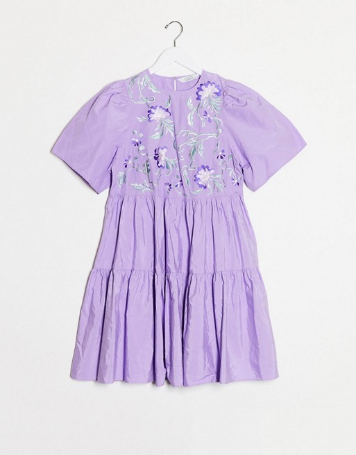 & Other Stories tiered and embroidered mini dress in lilac