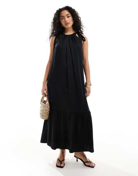 & Other Stories tiered hem maxi dress with gathered tie neck detail and keyhole back in black - view 1