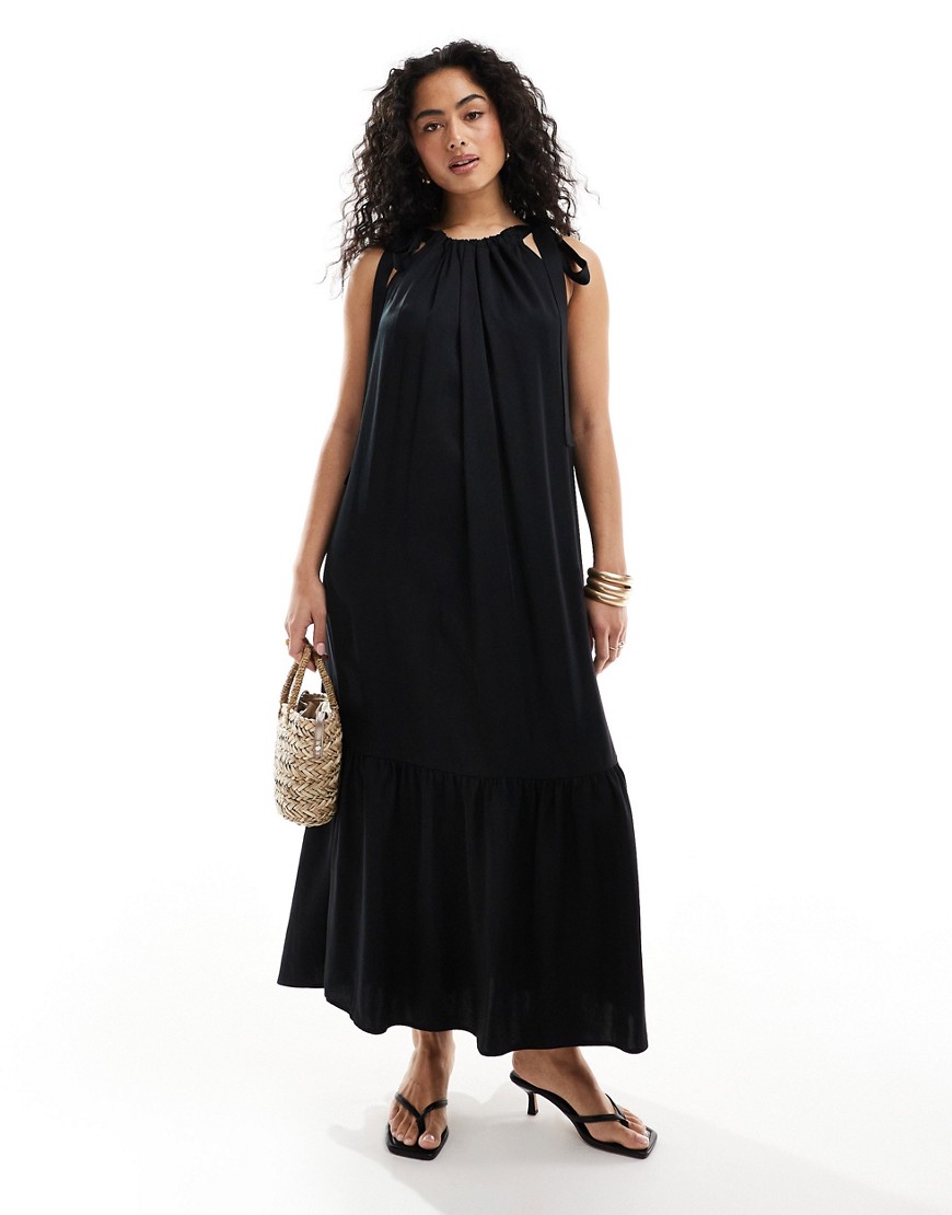& Other Stories tiered hem maxi dress with gathered tie neck detail and keyhole back in black