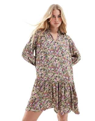 & Other Stories tiered hem mini shirt dress in floral print-Multi