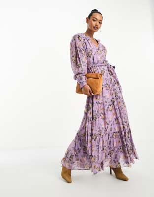 “& Other Stories” Printed Maxi Dress Navy/Purple 205174101-1-purple