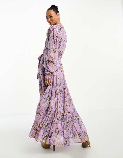 “& Other Stories” Printed Maxi Dress Navy/Purple & Other Stories tiered maxi dress in purple floral | ASOS