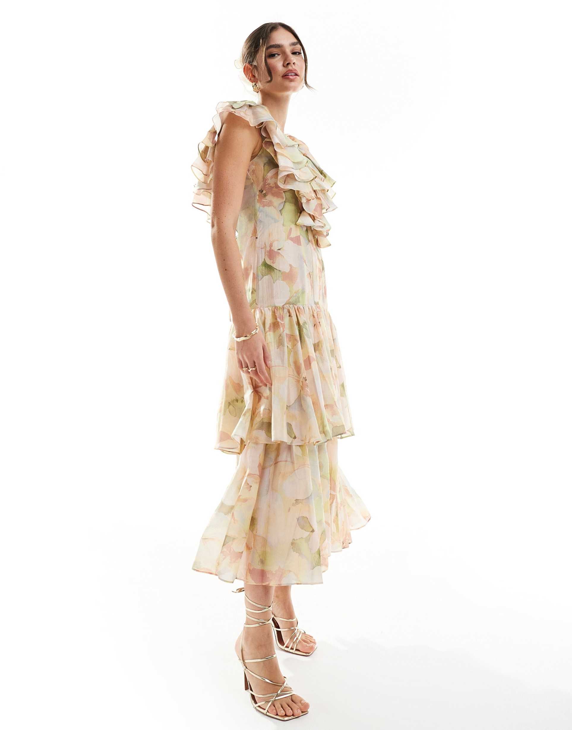 & other stories tiered maxi dress with ruffle detail in watercolor floral print