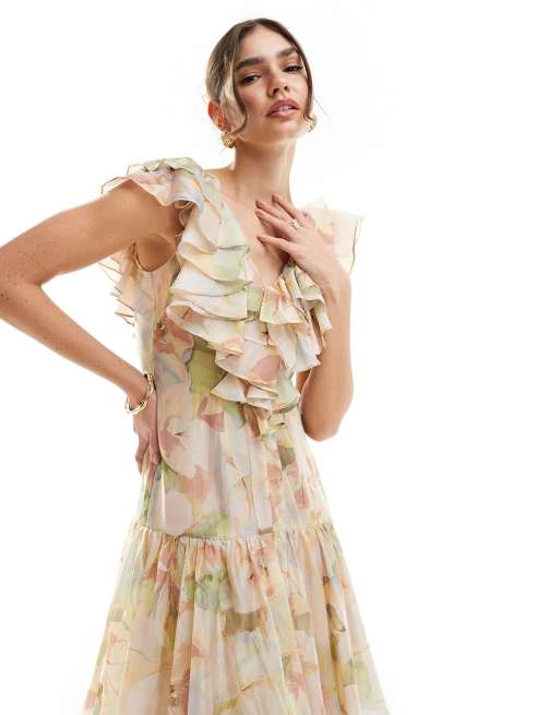 Other Stories Tiered Maxi Dress with Ruffle Detail in Watercolor Floral print Pink