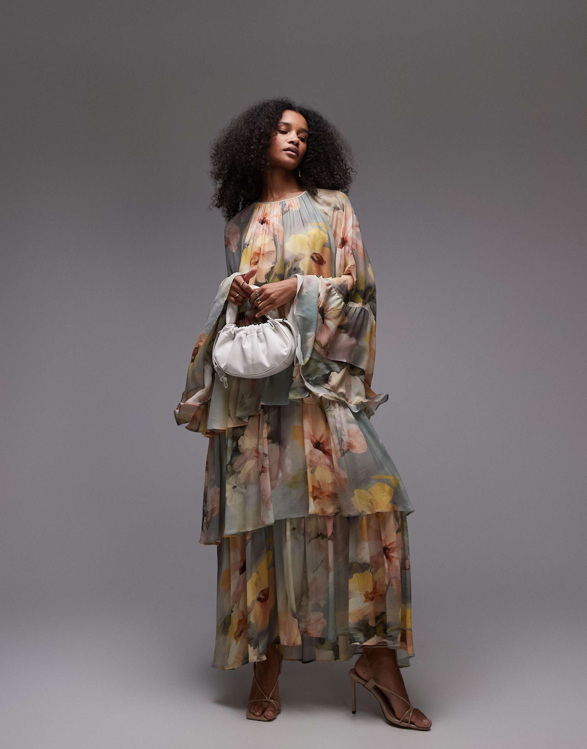 & other stories tiered maxi dress with ruffle sleeve detail in watercolor floral print