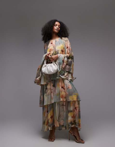 & Other Stories tiered maxi dress with ruffle sleeve detail in watercolour floral print - view 1