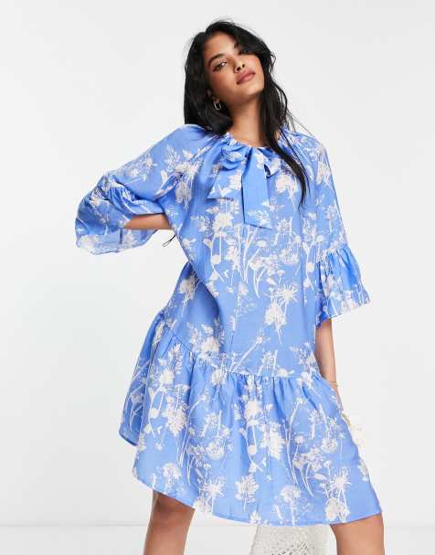 & Other Stories tiered mini smock dress in blue print - view 1