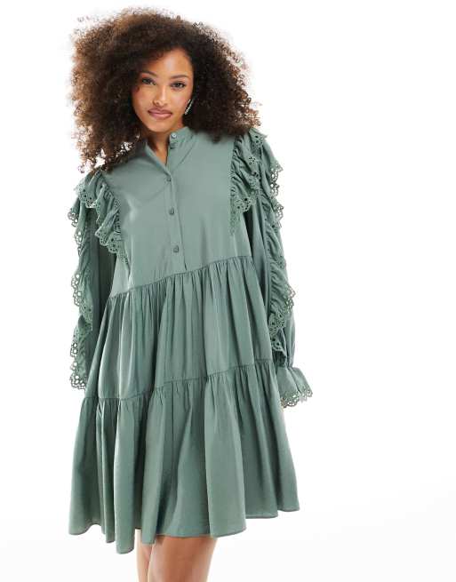 & Other Stories tiered mini smock dress with embroidered frill detail in sage green