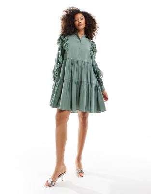 & Other Stories tiered mini smock dress with embroidered frill detail in  sage green | ASOS