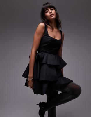 & Other Stories tiered puffball mini dress in black