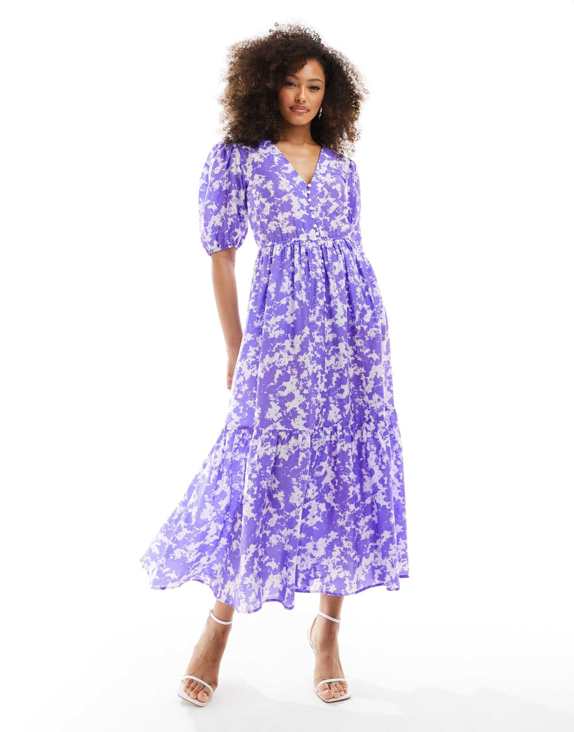 & other stories tiered volume maxi dress in pastel violet marble