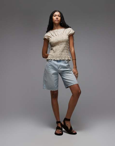 & Other Stories - Top a maniche corte in misto cotone beige neutro a righe con vita arricciata - view 1
