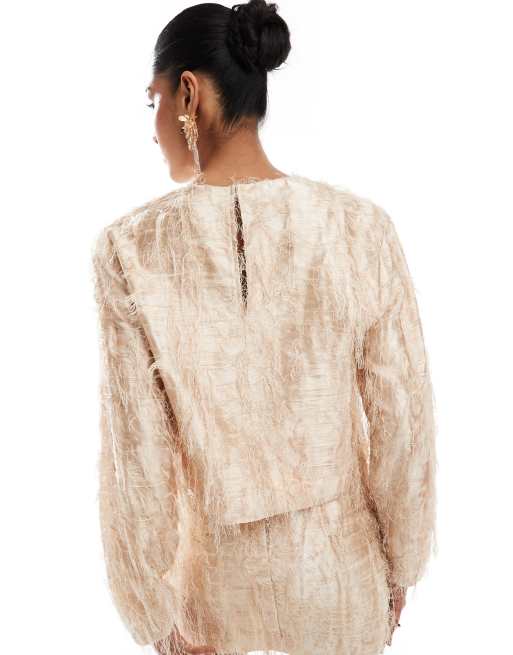 & Other Stories - Top a maniche lunghe beige jacquard con texture pelosa in coordinato, 3 di 4