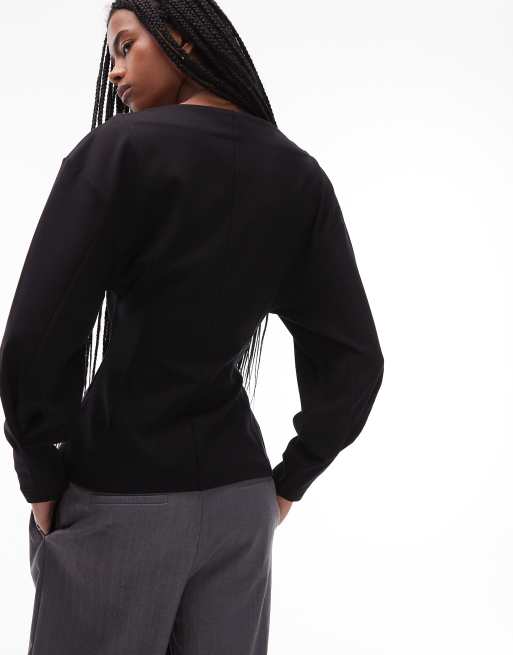 & Other Stories - Top a maniche lunghe drappeggiato nero con scollo a barchetta, 3 di 4