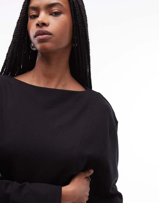 & Other Stories - Top a maniche lunghe drappeggiato nero con scollo a barchetta, 4 di 4