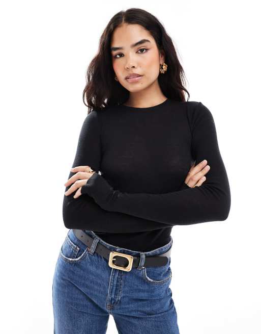 & Other Stories - Top a maniche lunghe nero con fori per i pollici in misto lana e mohair
