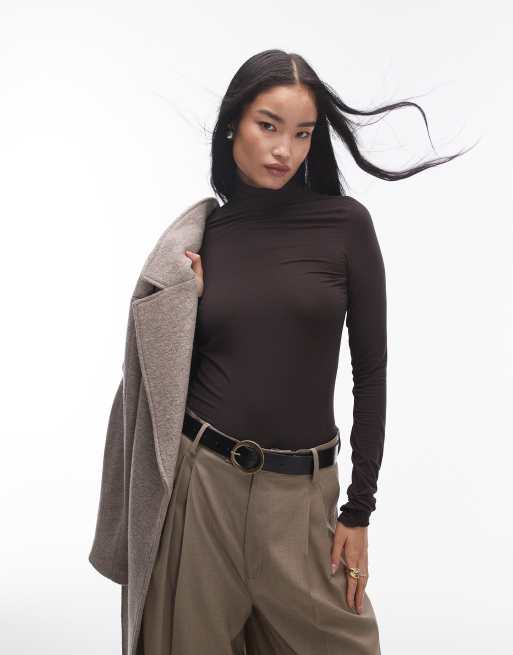 & Other Stories - Top accollato a maniche lunghe in jersey color talpa 