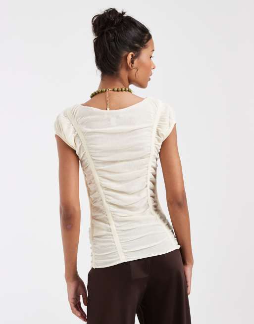 & Other Stories - Top arricciato beige con maniche ad aletta, 4 di 4