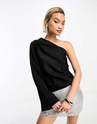 & Other Stories one shoulder top with draped tie neck and fluted sleeve in black - ASOS Price Checker