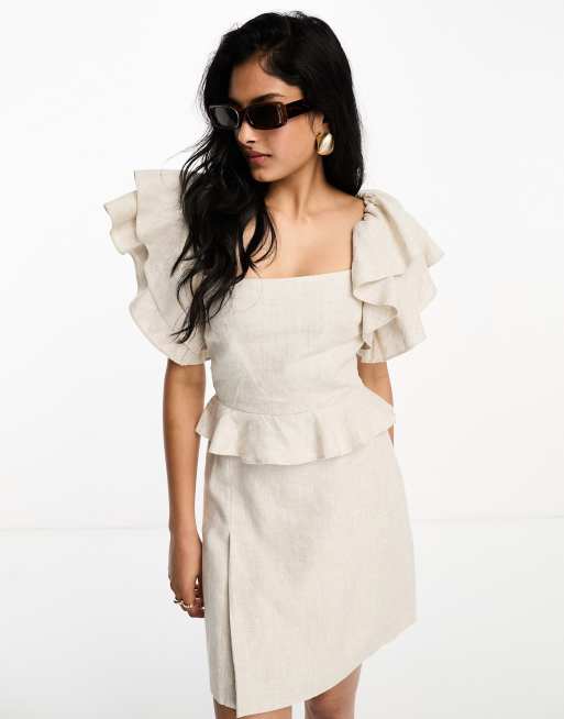 & Other Stories - Top beige in lino con maniche con volant in coordinato