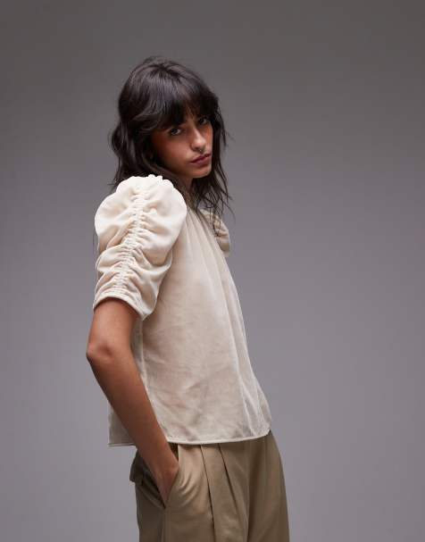 & Other Stories - Top col montant en velours avec manches volumineuses drapées - Beige - view 1