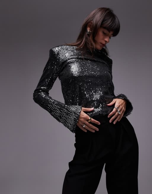 & Other Stories - Top color argento scuro con paillettes e frange sulle maniche