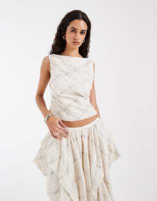 Top d'ensemble transparent sans manches en organza à carreaux - Blanc cassé 40