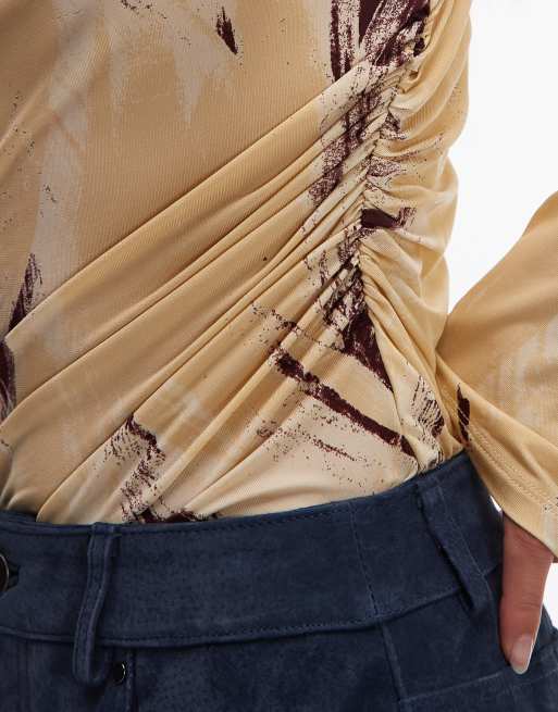 & Other Stories - Top en jersey à imprimé abstrait avec manches longues et côtés froncés - Jaune, 4 de 4